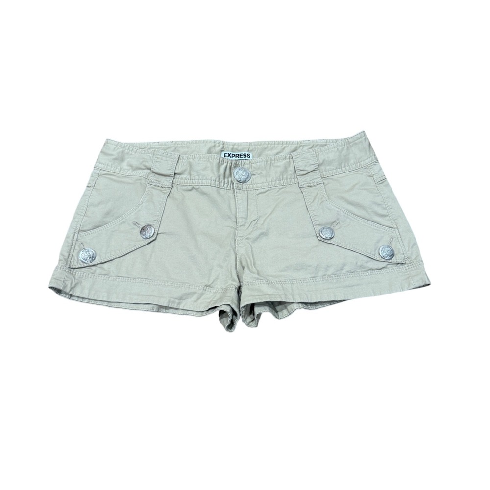 Express Womens Khaki Micro Shorts Low Rise Crest Button Tan Twill Size 2 Casual